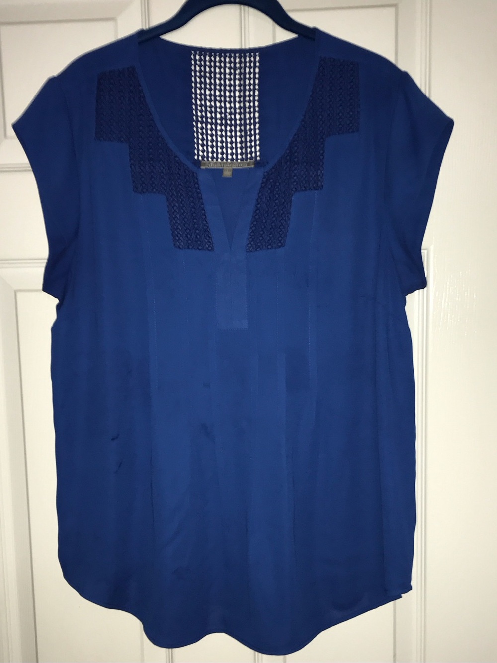 Daniel Rainn Royal Blue Crochet-Trim Short Sleeve Blouse